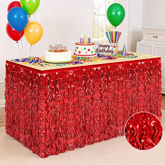 2 Pack Table Skirt, Red Foil Grass Skirt for Table, Christmas Metallic Wavy Tinsel Foil Fringe Table Skirts, Table Curtain Skirts for Valentine's Graduations Wedding Birthday Indoor Party Decorations