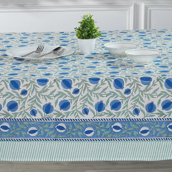 Ridhi Hand Block Print Queen Blue Rectangle Cotton Tablecloth 120" x 80" Reusable Table Cover Decorative Everyday Use for Dining, Farmhouse, Home Gift for Spring, Easter, Valentine