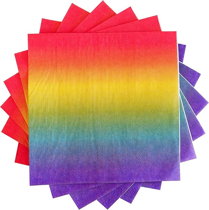 Rainbow Napkins - 50 Pack Disposable Birthday Paper Napkins Rainbow Ombre Gradient for Pride Month Party Supplies - 6.5" x 6.5" inches.