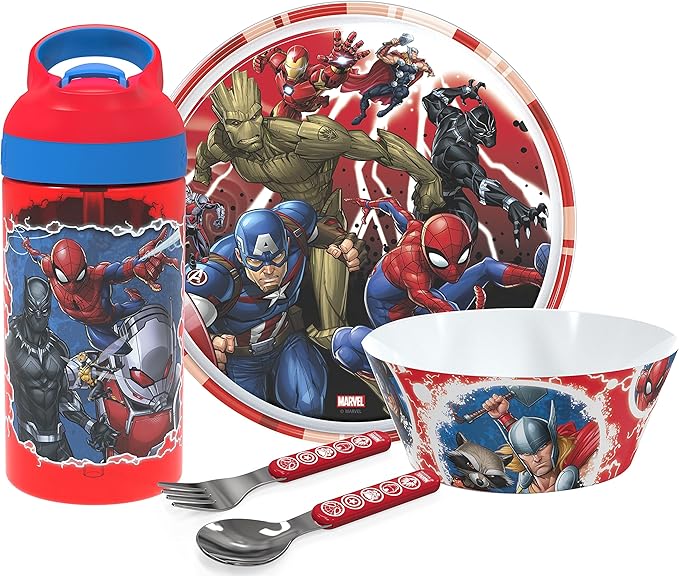 Zak Designs 5-Piece Dinnerware Set, Marvel Universe - Durable Plastic & Stainless Steel - Includes Water Bottle, 8-Inch Plate, 6-Inch Bowl, Fork & Spoon - Suitable for Kids Ages 3+