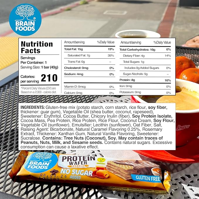 BRAIN FOODS Gluten Free Vegan Caramel Protein Wafers - 12 Bars, No Sugar Added, 8 grams Protein, No Palm Oil, 1.4 oz, 210 Calories, Guilt Free Snack, Natural Caramel Flavoring