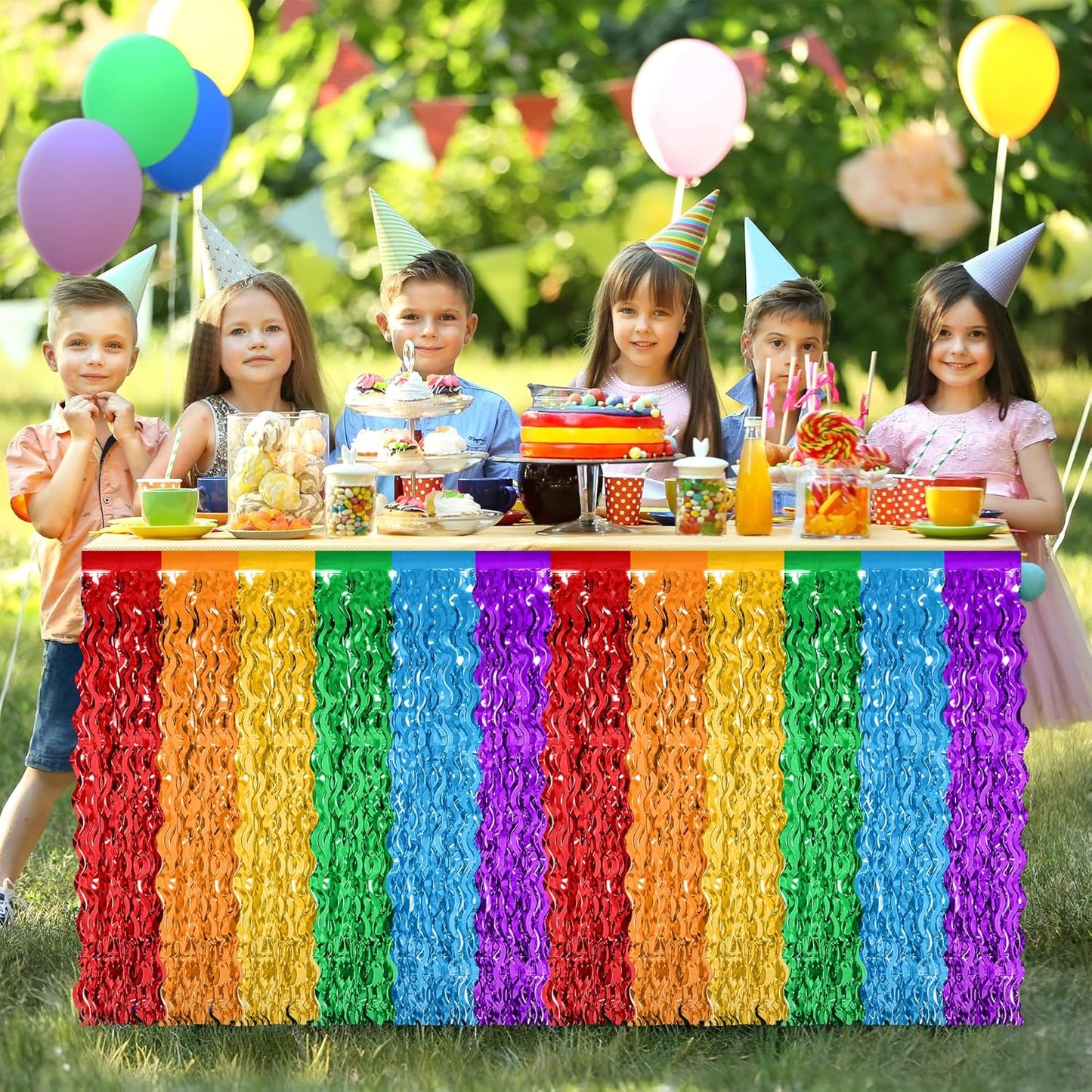 Rainbow Table Skirt, 2 Pack Desk Skirts Party Decorations, Colorful Metallic Wavy Tinsel Foil Fringe Table Skirts, Rainbow Foil Table Skirt for Birthday Classroom Teacher Pride Month Decor
