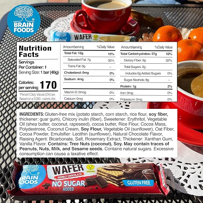 BRAIN FOODS Gluten Free Vegan Double Chocolate Wafers - 12 Bars, No Sugar Added, High Fiber, No Palm Oil, 1.4 oz, 170 Calories, Guilt Free Snack, Natural Chocolate Flavor