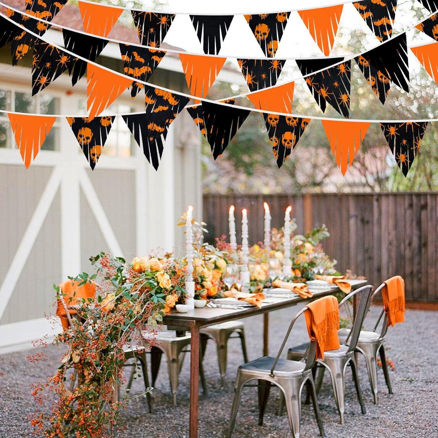 32Ft Orange Black Pennant Banner Spider Skull Bats Fabric Triangle Flag Bunting Garland Streamers Halloween Party Decoration for Halloween Birthday Thanksgiving Wedding Home Outdoor Party Supplies