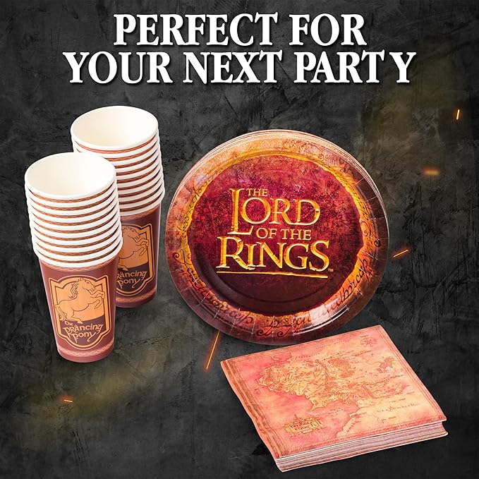 Silver Buffalo The Lord of the Rings Prancing Pony 60 Pack Partyware Disposable Paper Plates, Napkins, and Cups