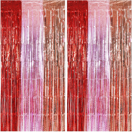 TONIFUL Valentine's Day Door Streamers,Red Pink and Rose Gold Photo Booth Backdrop Metallic Streamers Foil Fringe Curtain for Birthday Valentine's Day Bridal Shower Engagement Party Decoration