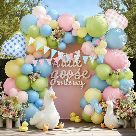 Pastel Balloon Arch Kit Double Stuffed Light Pink Blue Yellow Green Balloon Garland Gingham Heart Foil Balloons Striped Pennant Banner for Easter Baby Shower Birthday Gender Reveal Party Decorations