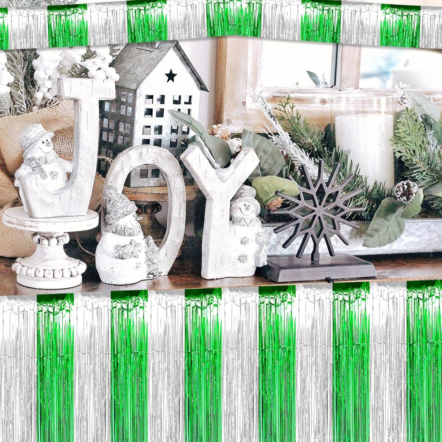 6 Pack 6 Feet Foil Fringe Garland Metallic Tassle Banner Wall Hanging Tinsel Streamers Backdrop for Parade Floats, Wedding, Birthday, Mardi Gras, St Patrick Day Party Decorations(Silver Green)