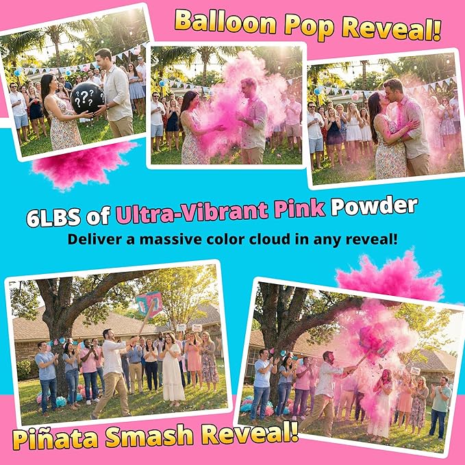 Baby Girl Gender Reveal Powder – 6 lbs, Blackout Bags, Vibrant Pink Powder for Tire Burnout Color, Exhaust Smoke & Shooting Targets. Leakproof, Non Toxic Party Kit. 2 x 3LB + Gender Reveal Idea Guide