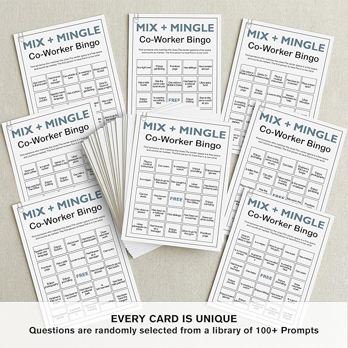 Sahjzk Office Bingo Cards, 25 Unique Randomized 5x7 Sheets, Get to Know You Bingo Game for Adults, Ice Breaker Office Party Games, Team Building Games for Work, High Replay Value - B002