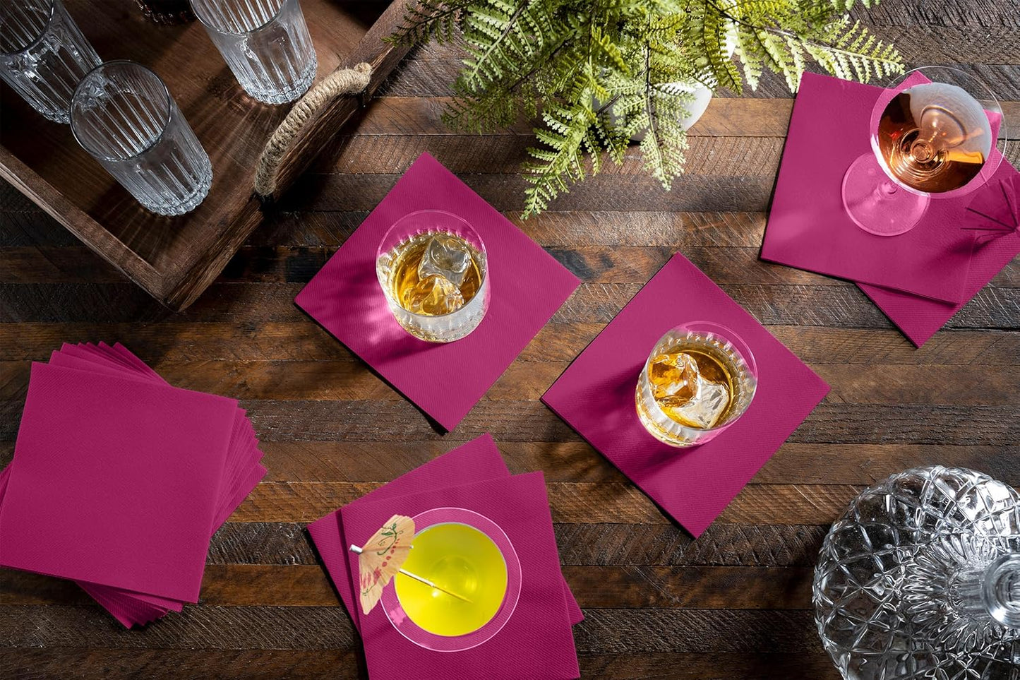 Disposable Fuschsia Cocktail Napkins Paper - 4" x 4" High-End Linen-Like Beverage Party Square Paper Napkin Pack for Bar, Cafe, Restaurant, Christmas, Birthday, Wedding, Baby Shower - 100 Count