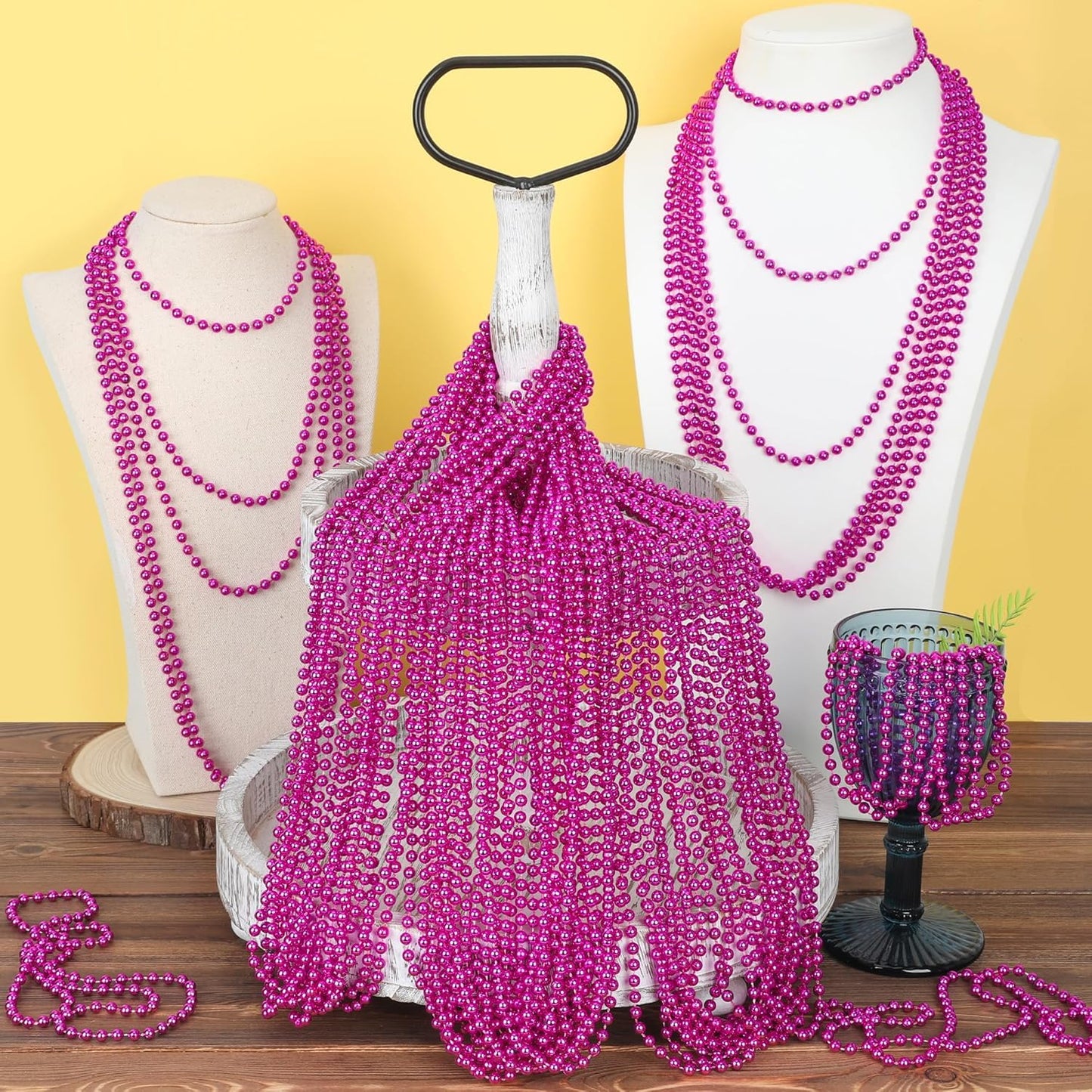 Breast Cancer Awareness Accessories, 15PCS Metallic Rose Red Bead Necklace Party Favors, 33" Mardi Gras Christmas Necklace Stuff, Festival Parade Throw Accessories for Wedding Birthday Gender Reveal