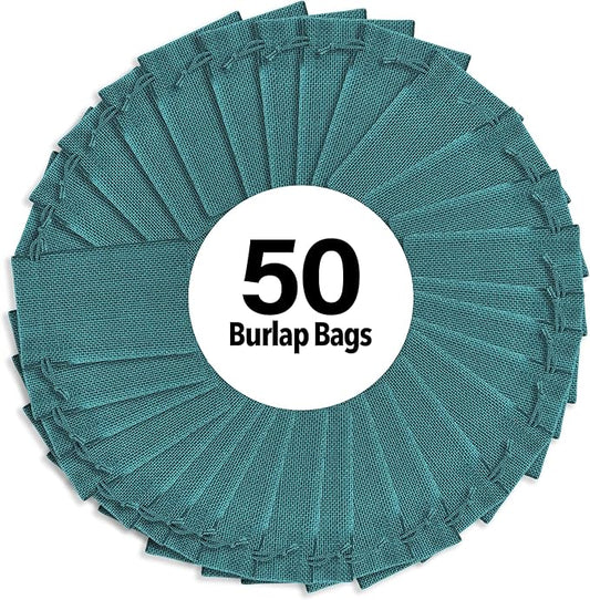 Mandala Crafts 3x4 Inch Teal Burlap Drawstring Gift Bags for Favors - 50 Mini Linen Sacks Gift Pouches for Candy, Jewelry, Wedding, and Party Supplies