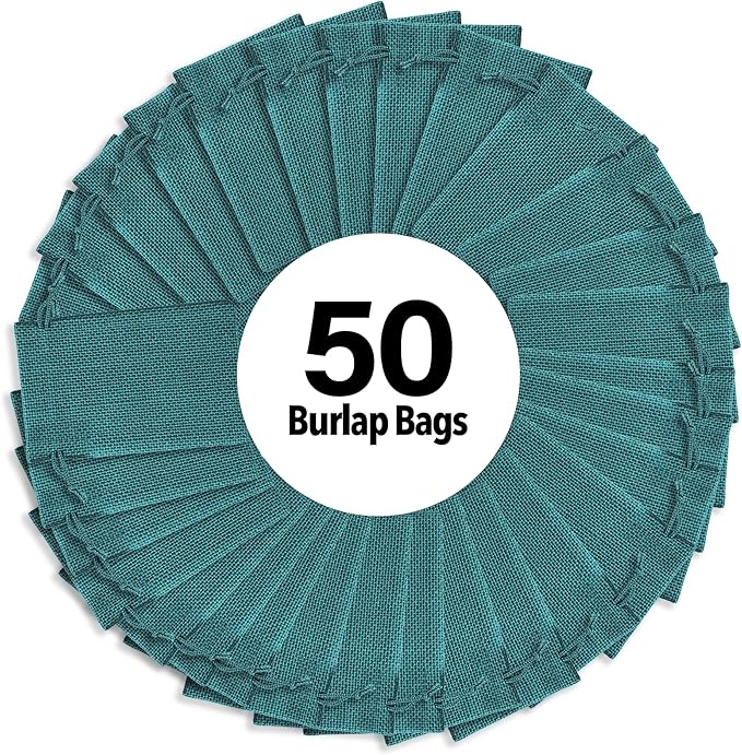 Mandala Crafts 2x3 Inch Teal Burlap Drawstring Gift Bags for Favors - 50 Mini Linen Sacks Gift Pouches for Candy, Jewelry, Wedding, and Party Supplies