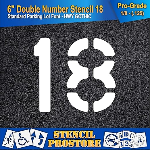 Pavement, Curb, and WheelStop Stencils - 6 inch Double Number Stencil - (18) - 6" x 6" x 1/8" (128 mil) - Pro-Grade