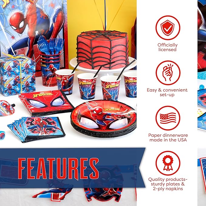 Spiderman Birthday Decorations | Spiderman Party Supplies | Serves 16 Guests | Marvel Superhero Spidey and His Amazing Friends | Table Cover, Spider Man Banner, Plates, Napkins, Masks and Button |