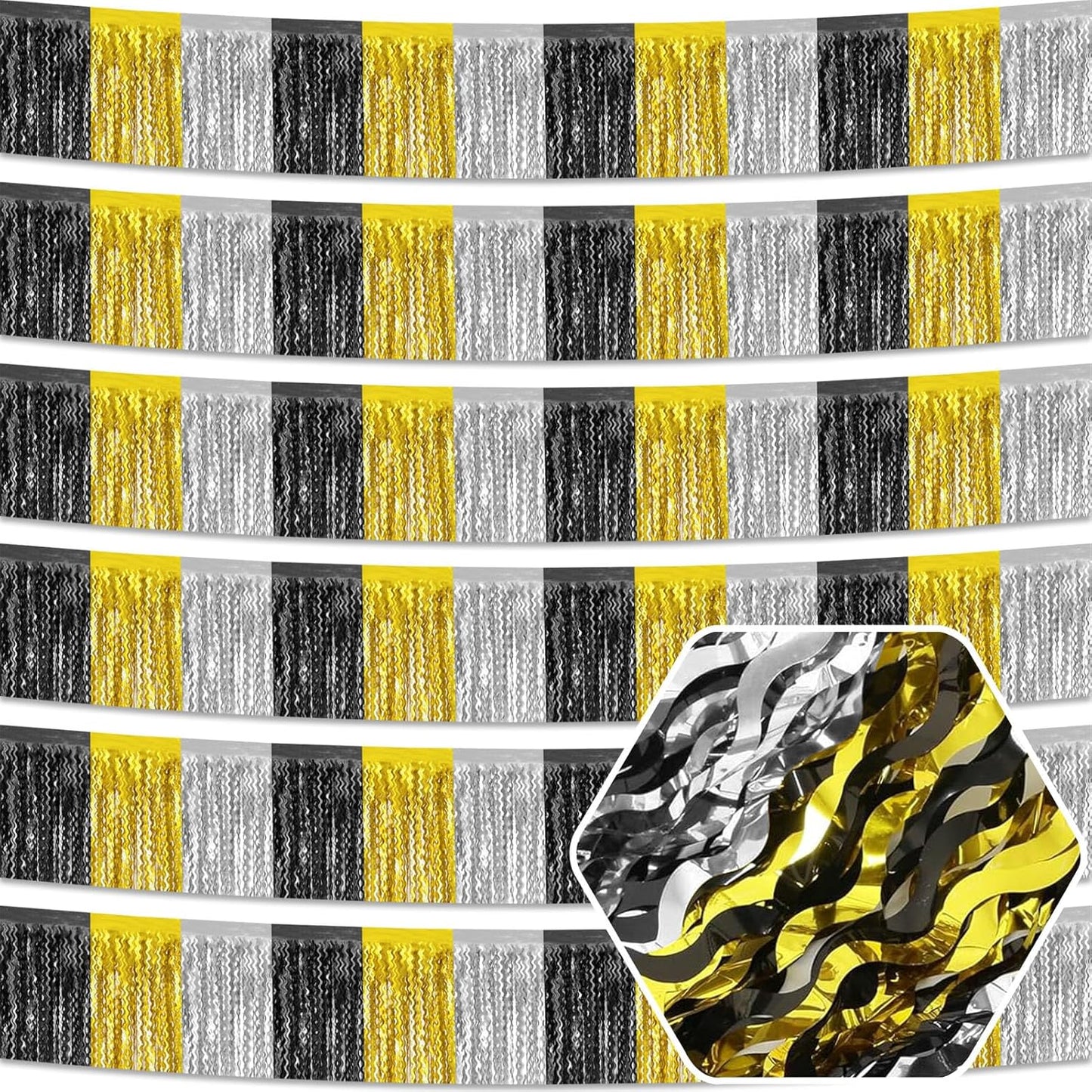 6 Pack 10 Feet Black Gold Silver Wave Foil Fringe Garland Metallic Tinsel Streamers Banner Wall Hanging Curtain Backdrop for Parade Floats, Mother's Day, Easter, Wedding, Birthday Party Decoration