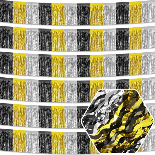 6 Pack 10 Feet Black Gold Silver Wave Foil Fringe Garland Metallic Tinsel Streamers Banner Wall Hanging Curtain Backdrop for Parade Floats, Mother's Day, Easter, Wedding, Birthday Party Decoration