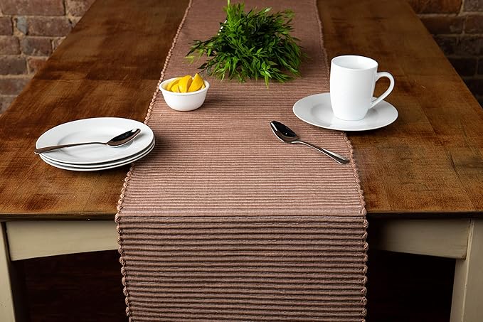 Sticky Toffee Cotton Table Runner 14x72 in – Tan Woven Ribbed Farmhouse Boho Décor for Kitchen or Dining Table, Oeko-Tex