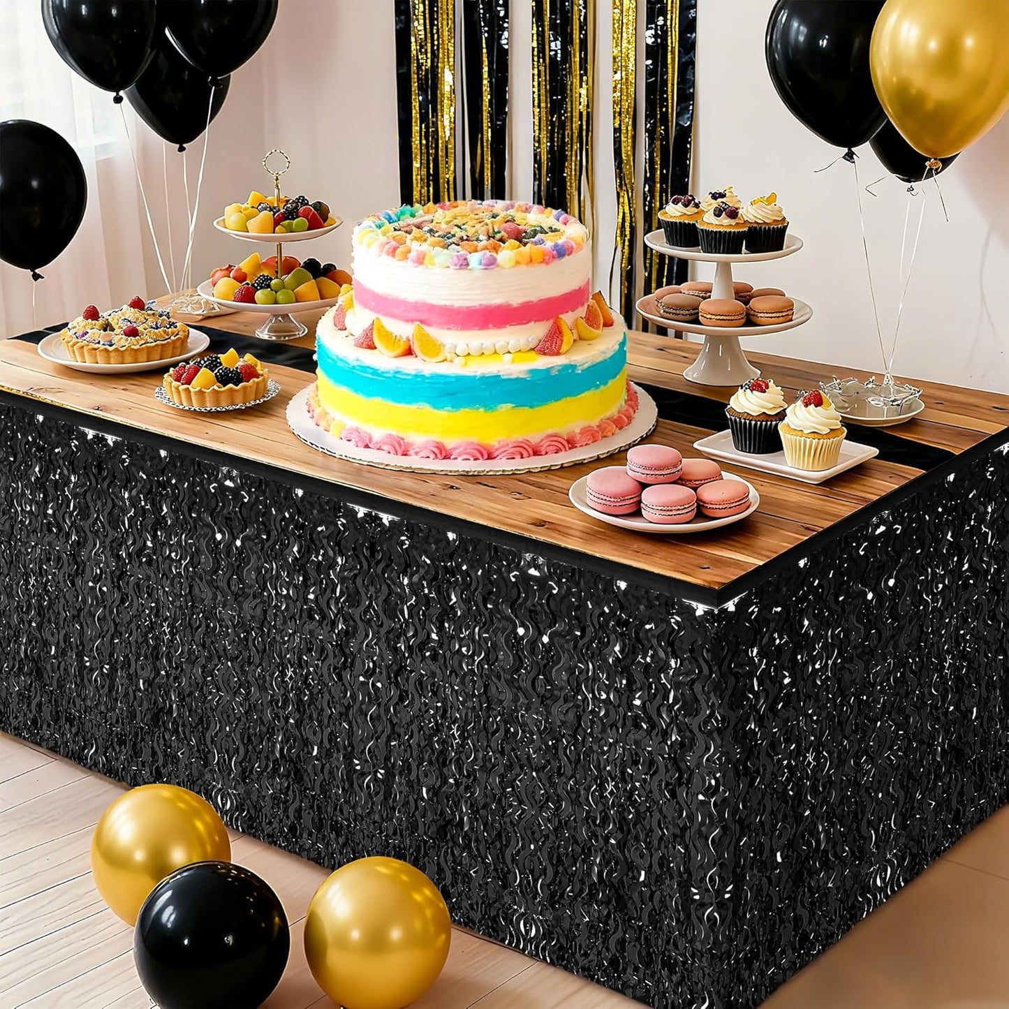 Halloween Table Skirt Decor, 2 Pack Black Foil Grass Desk Skirt, Metallic Wavy Tinsel Foil Fringe Table Skirts, Table Skirts for Graduations Halloween New Years Parade Party Decorations