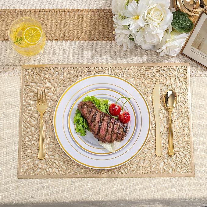 100PCS Gold Plastic Plates, 10 Inch Plates Disposable Dinner Plate Party with Gold Rim, Heavy Duty Disposable Plastic Plate for Party, Wedding and Birthday