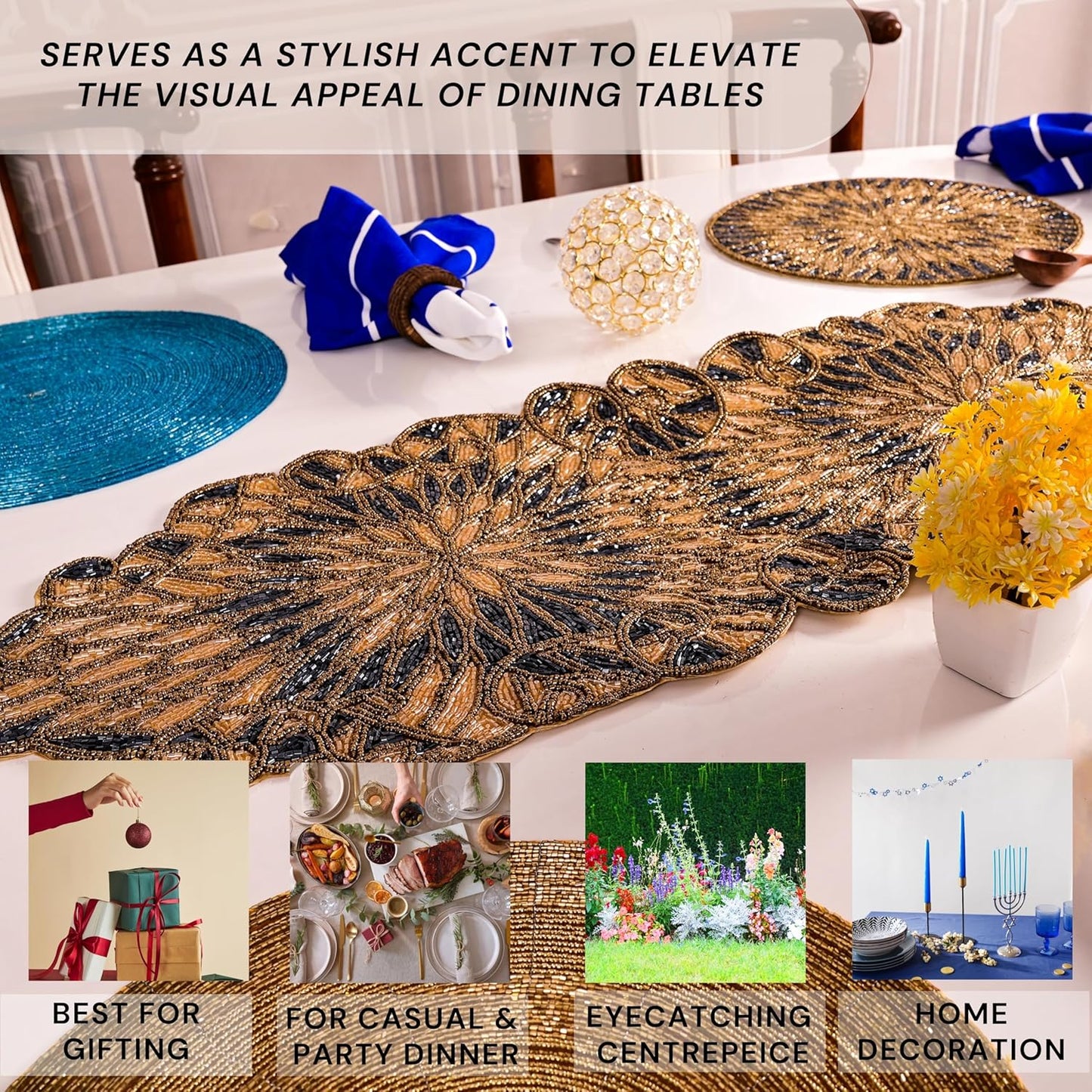 CLEENTABLE 36" Beaded Table Runner Elegant Handcrafted Glass & Polyester Runner for Farmhouse, Bridal, Wedding, Party, Rustic, Christmas & Holiday Table Decor, Vintage & Festive Centerpiece