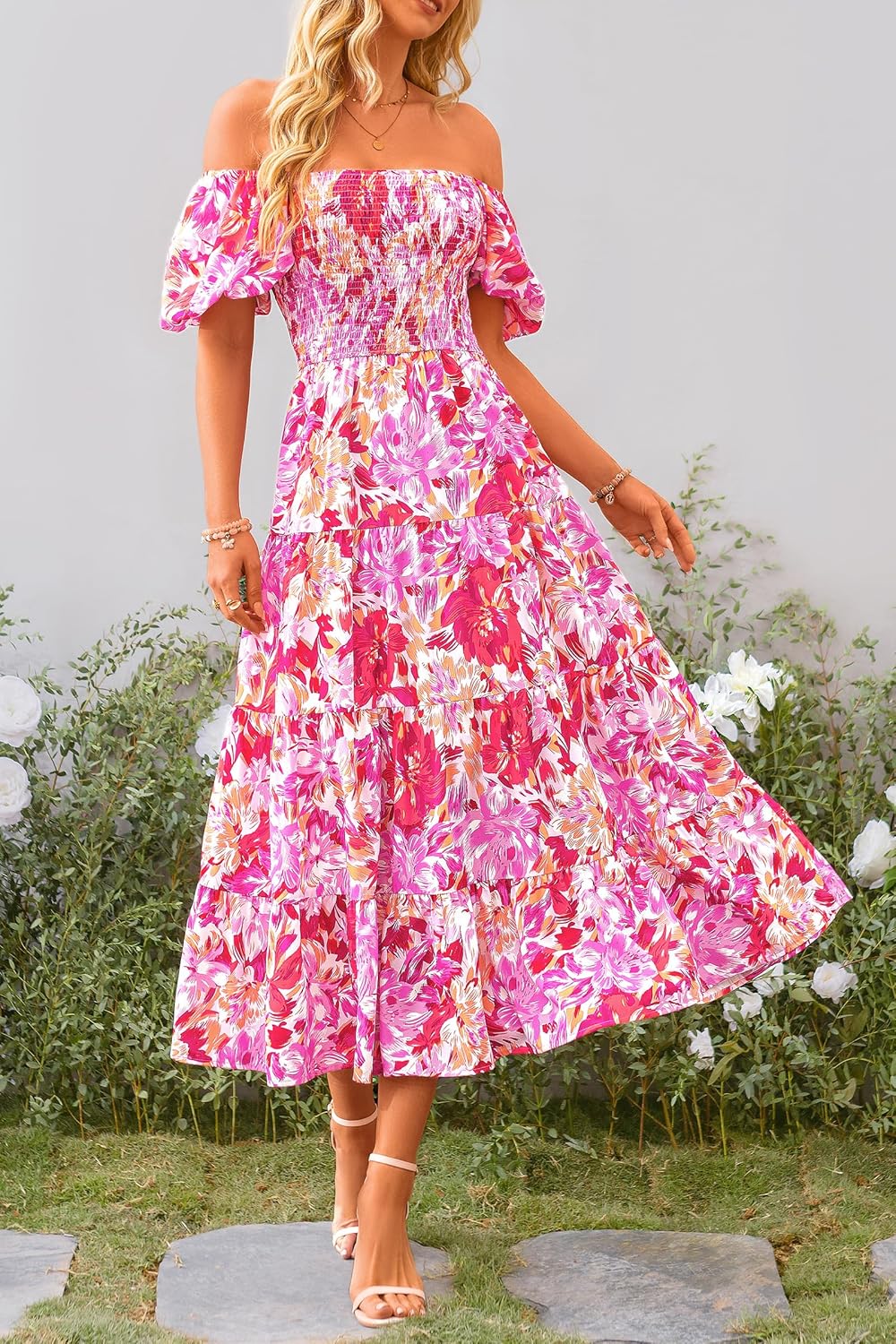 PRETTYGARDEN Women's Casual Summer Midi Dress Puffy Short Sleeve Square Neck Smocked Tiered Ruffle Dresses
