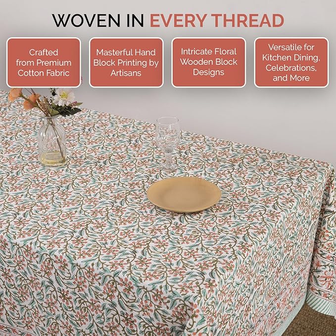 Labhanshi Indian Handblock Print Floral 100% Cotton Pre-Washed Canvas Rectangle Table Cloth|72x135 Inch 10-Seater Large Decorative Table Cover|Spring Easter Festive Holiday Decor|Berry Pink