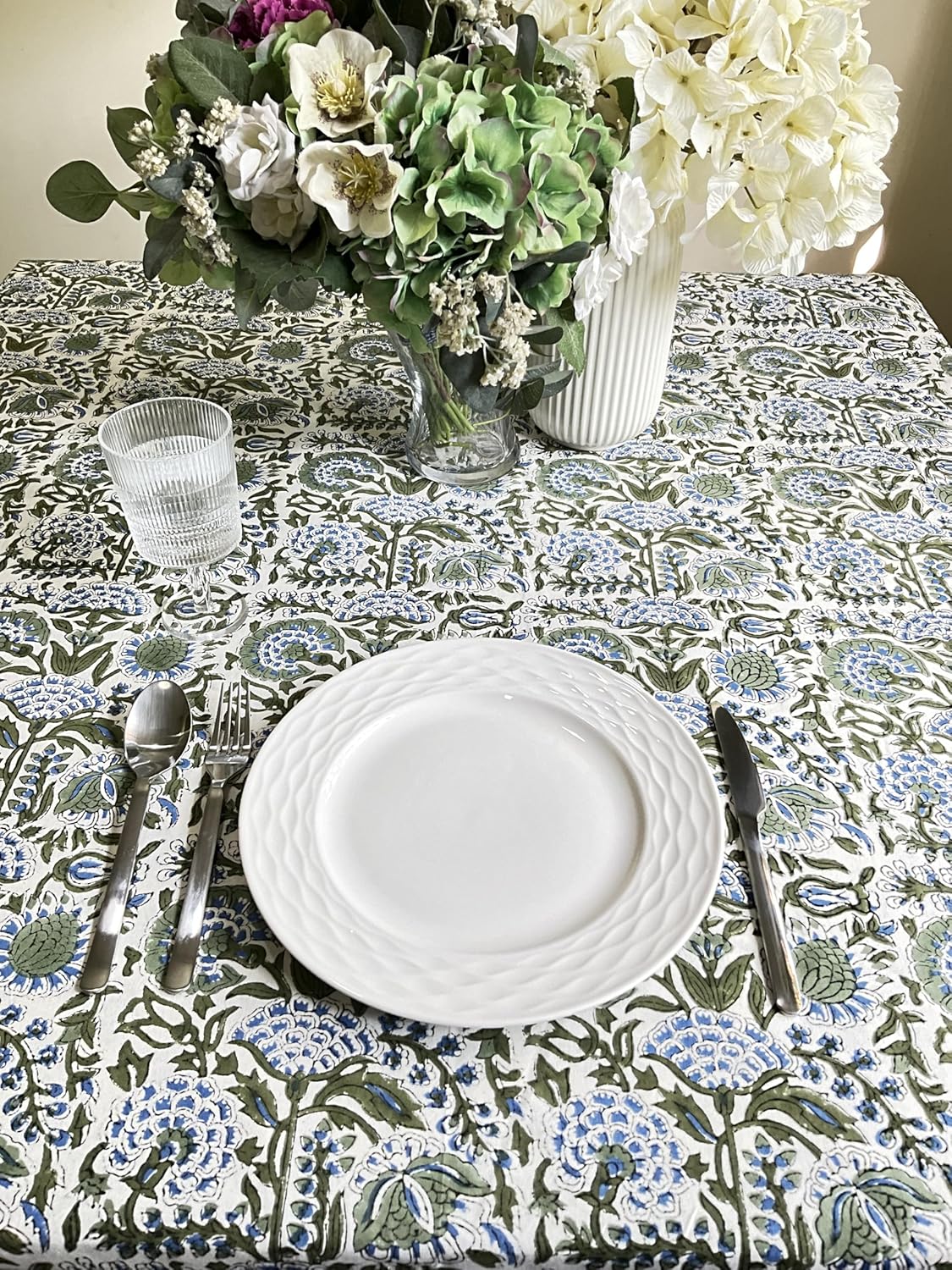ATOSII Clover Blue 100% Cotton Rectangle Spring Tablecloth, Handblock Floral Linen Table Cloth for Kitchen Dining Table I Parties Weddings Outdoors Easter Home Decor 72 X 140 Inches I 12 Seater