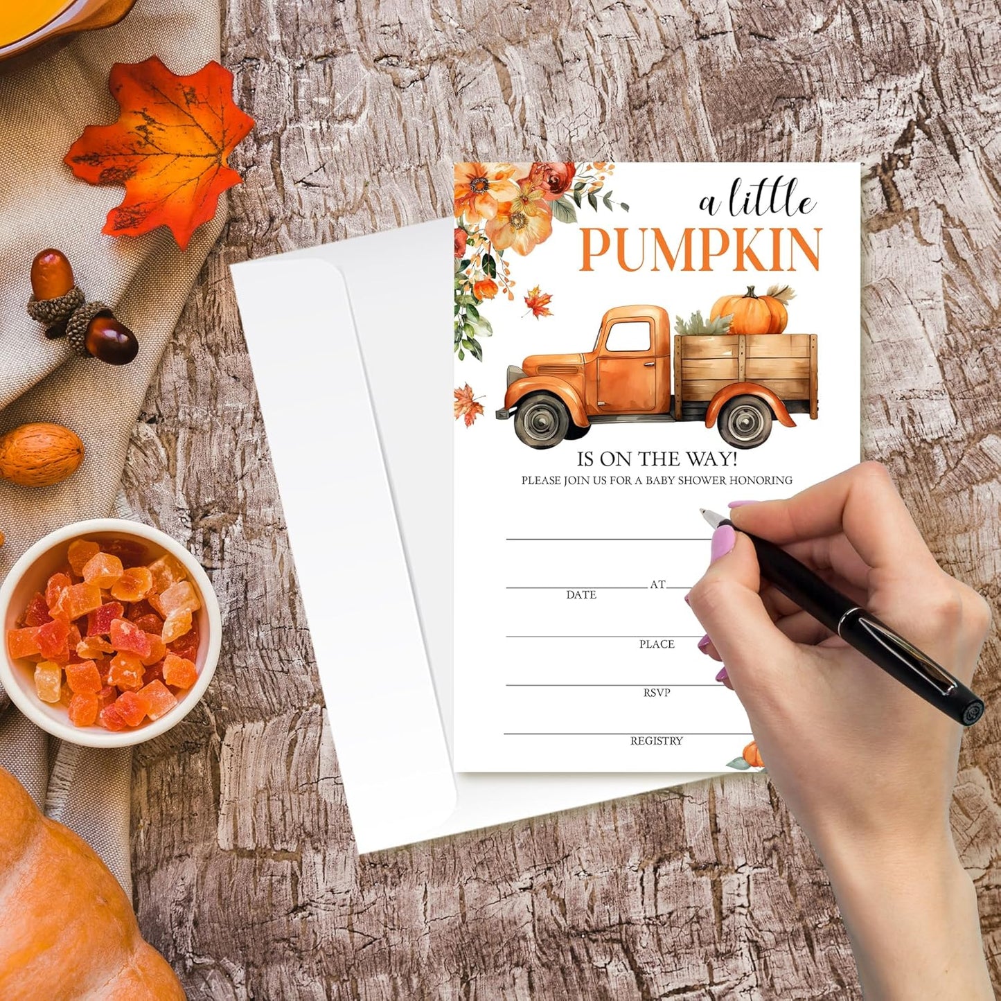 Vintage Truck & Pumpkin Baby Shower Invitations - “A Little Pumpkin Is On The Way” Design with Envelopes And RSVP Cards - 20Pcs Fill In Baby Shower Party Cards(4 x 6 Inch) (046)
