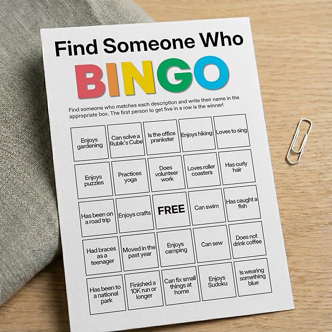 Sahjzk Office Bingo Cards, 25 Unique Randomized 5x7 Sheets, Get to Know You Bingo Game for Adults, Ice Breaker Office Party Games, Team Building Games for Work, High Replay Value - B003