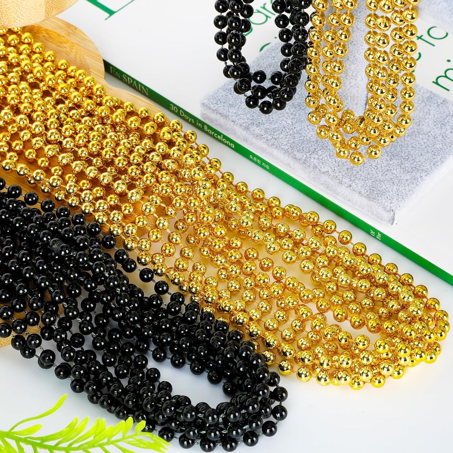 15PCS New Years Eve Bead Party Supplies, Black Gold Bead Necklace Decorations, 33" New Years Graduations Beads Necklaces Supplies, Festival Graduations New Years Party Supplies Accessories Bulk
