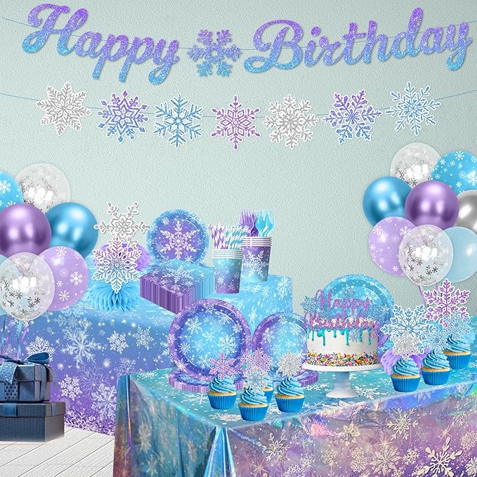 Winter Wonderland Birthday Party Decorations,Snowflake Paper Plates and Napkins, Snowflake Paper Cups,Tablecloth,Banner,Balloon,Cake Topper for Christmas Winter Birthday Party Supplies