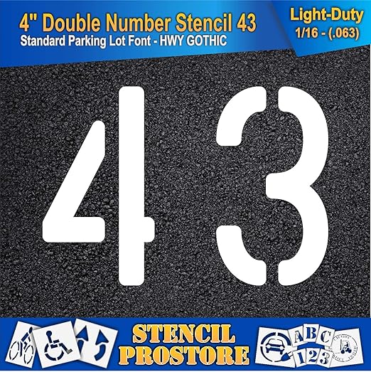Pavement, Curb, and WheelStop Stencils - 4 inch Double Number Stencil - (43) - 4" x 5.5" x 1/16" (63 mil) - Light-Duty