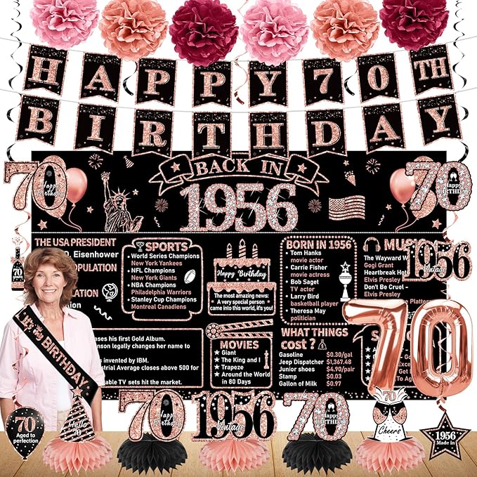 Zirtorei 70th Birthday Decorations for Women, 21pcs the Year 1956 Banner Balloon Party Supplies, Rose Gold 70 Year Old Birthday Backdrop, 70 Bday Honeycomb Centerpiece Hanging Swirls Sash Gifts