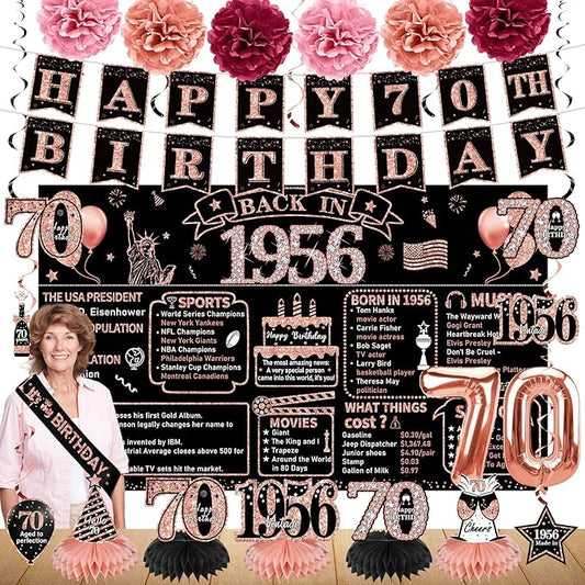 Zirtorei 70th Birthday Decorations for Women, 21pcs the Year 1956 Banner Balloon Party Supplies, Rose Gold 70 Year Old Birthday Backdrop, 70 Bday Honeycomb Centerpiece Hanging Swirls Sash Gifts