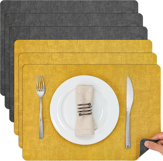 Myir JUN Dual Sided Placemats, Faux Leather Set of 6 Indoor/Outdoor Square Non-Slip Washable Table Mats (Gray Yellow)