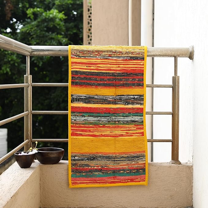 Trade Star Area Rug Runner Cotton Table Runner Decorative Upcycled Fabric Rug Handloomed Table Placemat Designer Premium Quality Highly Durable Reversible Bedside mat (Yellow)