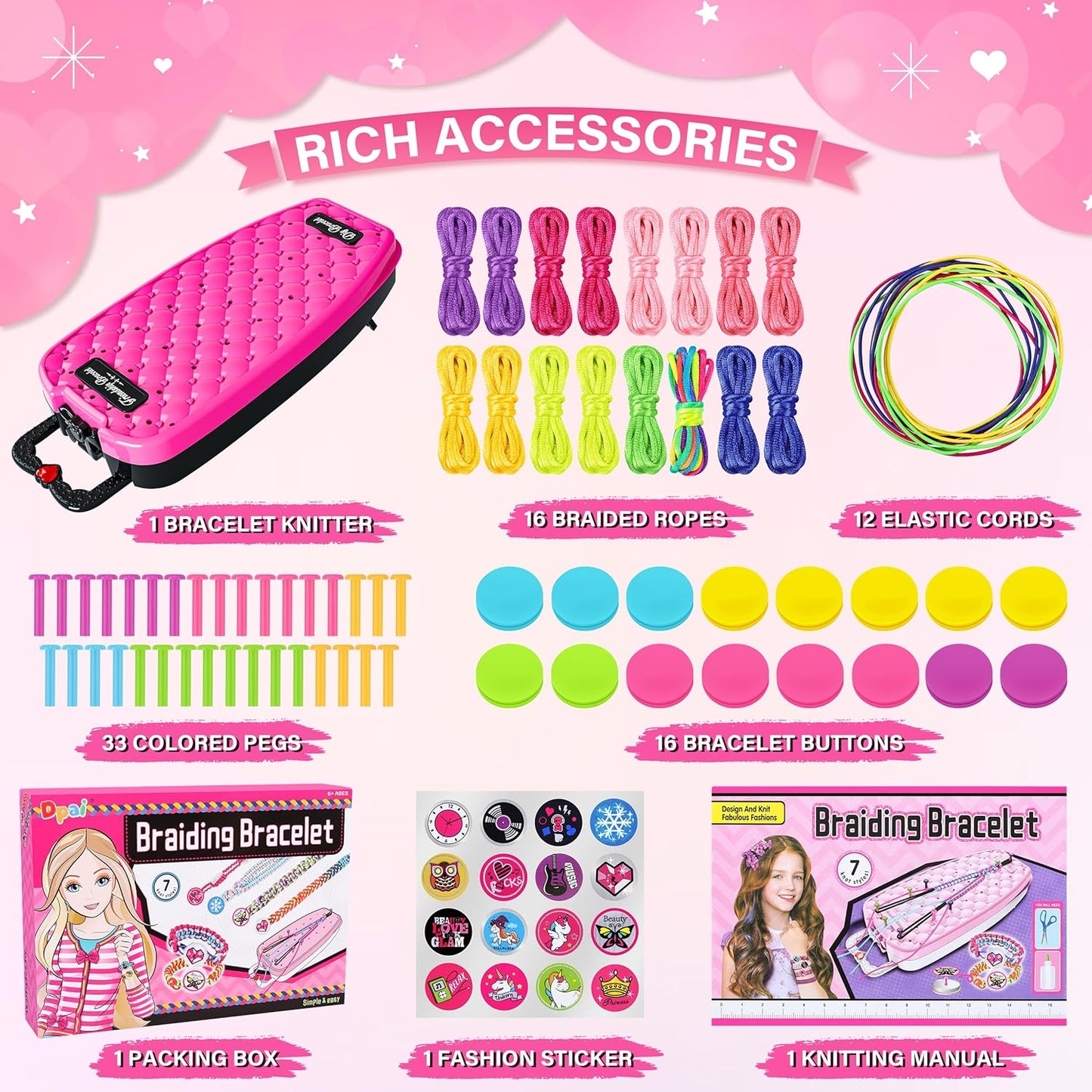 Dpai Friendship Bracelet Making Kit for Girls,DIY Arts and Crafts Toys,Jewelry String Maker Kit,The Best Birthday Gifts Ideas for Girls 6 7 8 9 10 11 12+ Years Old（Rose and Black