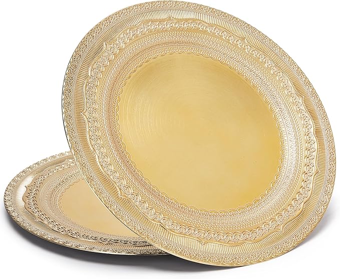 13 IN Gold Charger Plate Collection, 12-Piece Plastic Decorative Plates, Disposable Charger Plates Bulk for Anniversary Halloween Bachelor Party (Lace Gold, 12 PCS)