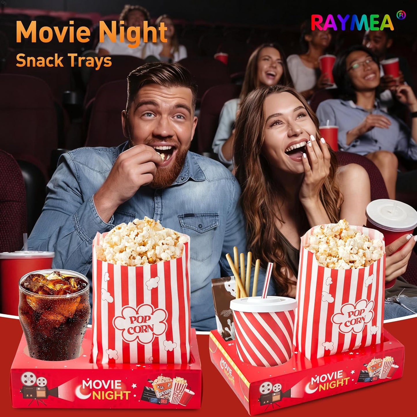 24Pcs Movie Night Supplies Disposable Paper Movie Snack Trays (12ct) and Retro Style Large Capacity Popcorn Bags(12ct), Drink & Candy Snack Boxes for Cinema Family Birthday Parties