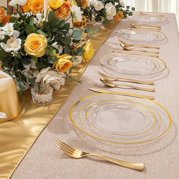100Pcs Clear Plastic Dessert Plates, Thanksgiving Plates Disposable Salad Plate with Gold Rim, Premium Hard Fancy Small Plate, Heavy Duty Plastic Cakes Platos for Party, Wedding and Birthday