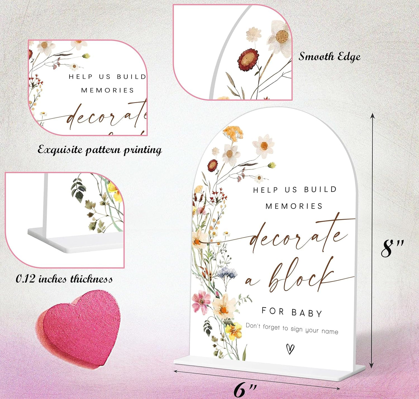 Decorate a Block Sign, Flower Baby Shower Table Decorations for Gender Reveal Party and Baby Shower, Centerpiece Party Decorations, Gender Reveal Gifts, 6X8 Inch Acrylic Arch Sign with Stand,9
