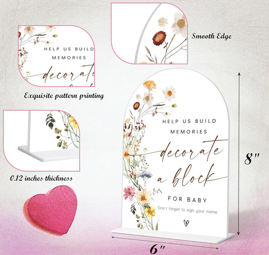 Decorate a Block Sign, Flower Baby Shower Table Decorations for Gender Reveal Party and Baby Shower, Centerpiece Party Decorations, Gender Reveal Gifts, 6X8 Inch Acrylic Arch Sign with Stand,9