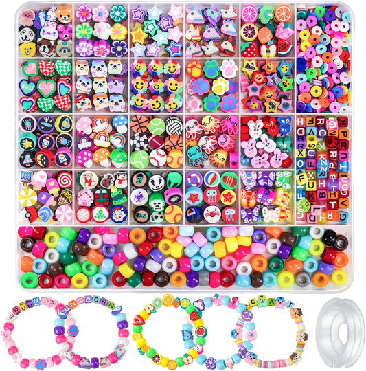 Gionlion 1200 Pcs Polymer Clay Beads Bracelet Making Kit, 25 Style Animal Fruit Flower Butterfly Bunny Pony Letter Beads Charms for Jewelry Making, DIY Art and Crafts Toys Gifts for 4+ Year Old Kids