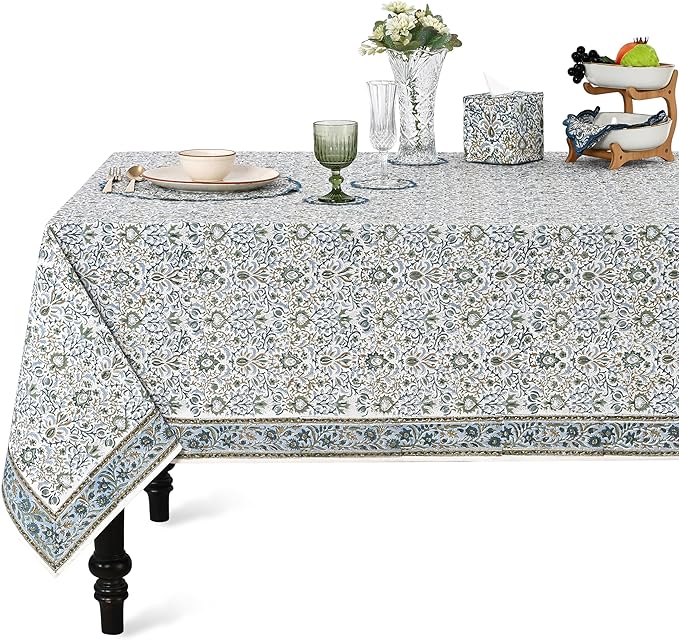 Ridhi Hand Block Print Indigo Square Cotton Tablecloth 60" x 60" Reusable Table Cover Decorative Everyday Use for Dining, Farmhouse, Home Gift for Spring, Easter, Valentine