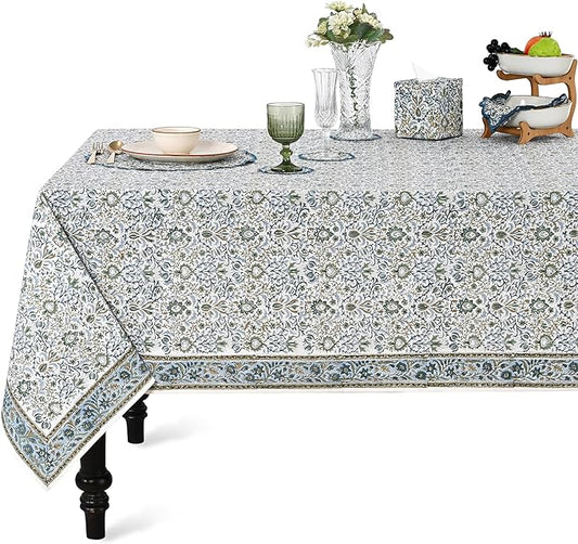 Ridhi Hand Block Print Indigo Square Cotton Tablecloth 60" x 60" Reusable Table Cover Decorative Everyday Use for Dining, Farmhouse, Home Gift for Spring, Easter, Valentine