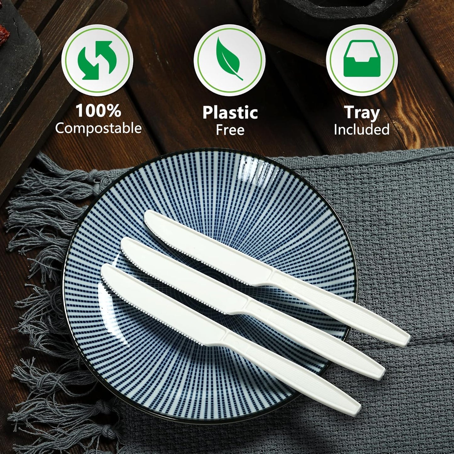 Compostable Knife,100 Biodegradable Silverware for Party, Large Disposable Utensils Eco Friendly Durable and Heat Resistant,Alternative to Plastic Knife