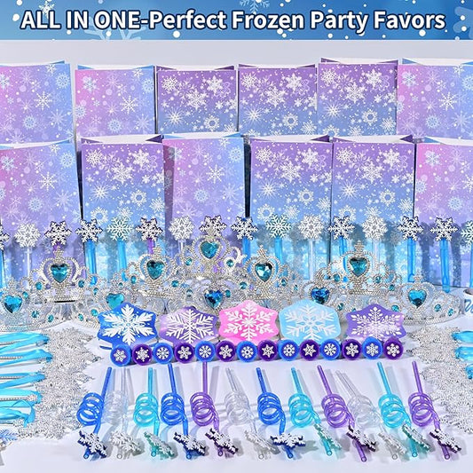 234PCS Frozen Party Favors Supplies Decorations Kit Include Goodies Bags, Straws, Bubble Wands, Crowns, Magic Wands, Notebook, Cake Toppers & More