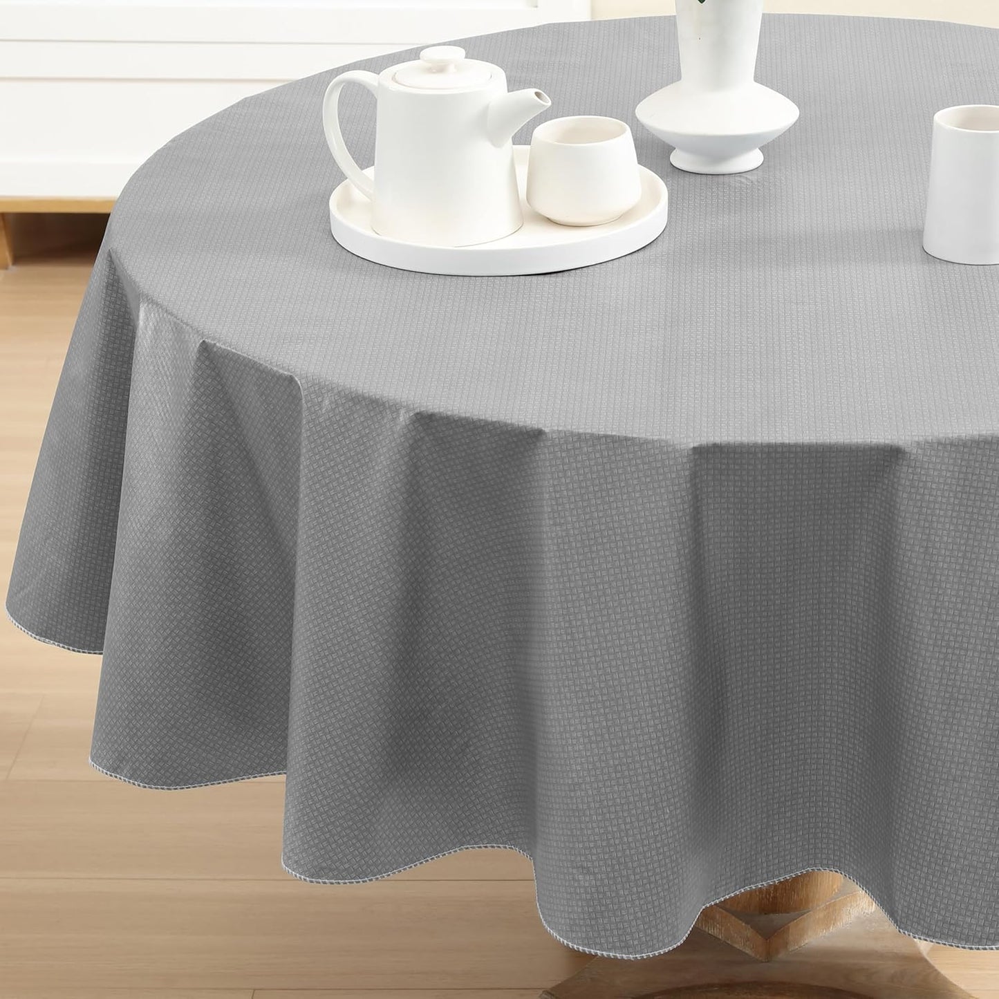 Newbridge Basketweave Vinyl Flannel Backed Tablecloth, 70 Inch Round, Grey, Basket Weave Textured Indoor Outdoor Waterproof Table Cover for Patio, Kitchen, Dining